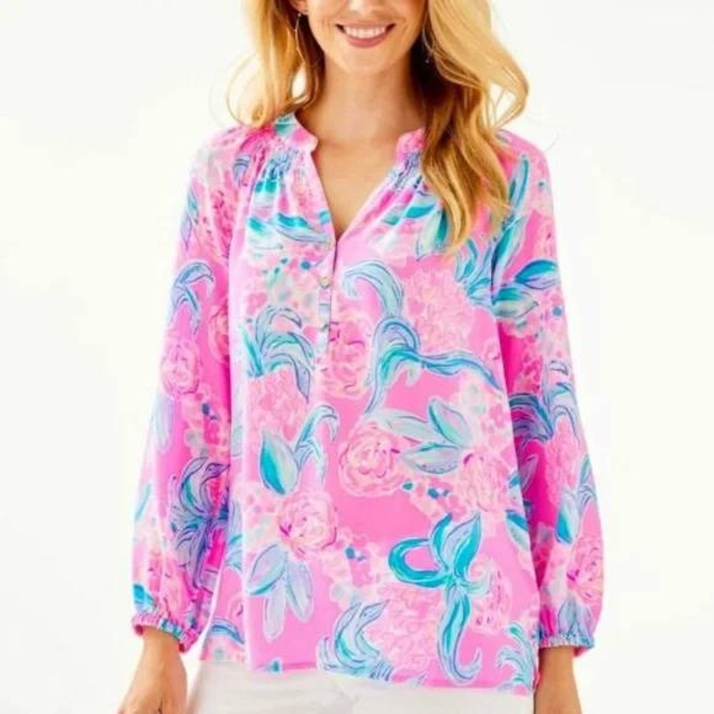 Lilly Pulitzer Elsa Silk Blouse Prosecco Pink Pinking Positive - Picture 2 of 14